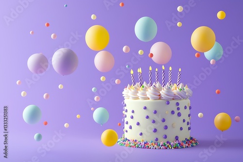 Festive birthday cake with colorful balloons floating against a purple-colored backdrop photo
