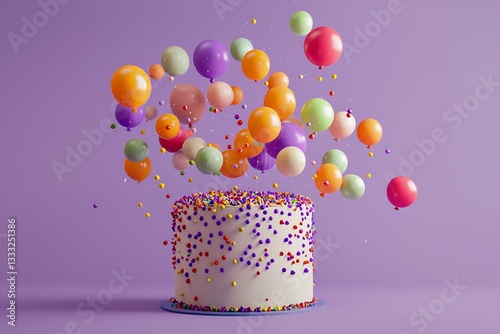 Festive birthday cake with colorful balloons floating against a purple-colored backdrop photo