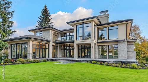 Front view a luxurious new construction home with large glass windows and a spacious yard
