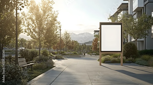 Blank Billboard Mockup in Modern City Park Setting with Mountain View