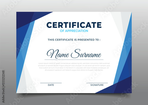 modern Business certificate template design with blue geometric triangle border decoration