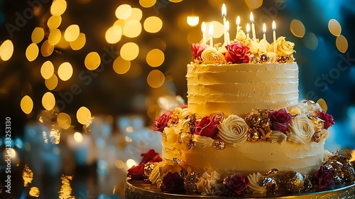Golden wedding cake with candles decorated with sweet food and luxury gifts for a grand celebration