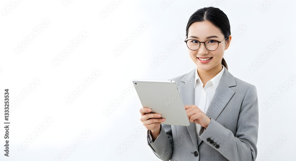 Asian woman holding tablet in white background Asian woman holding tablet in white background