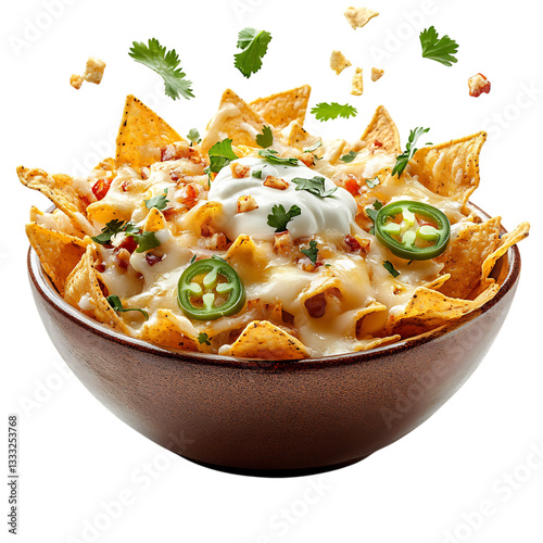 A Bowl of Crispy Nachos with Melted Cheese and Jalapenos Isolated on Transparent Background