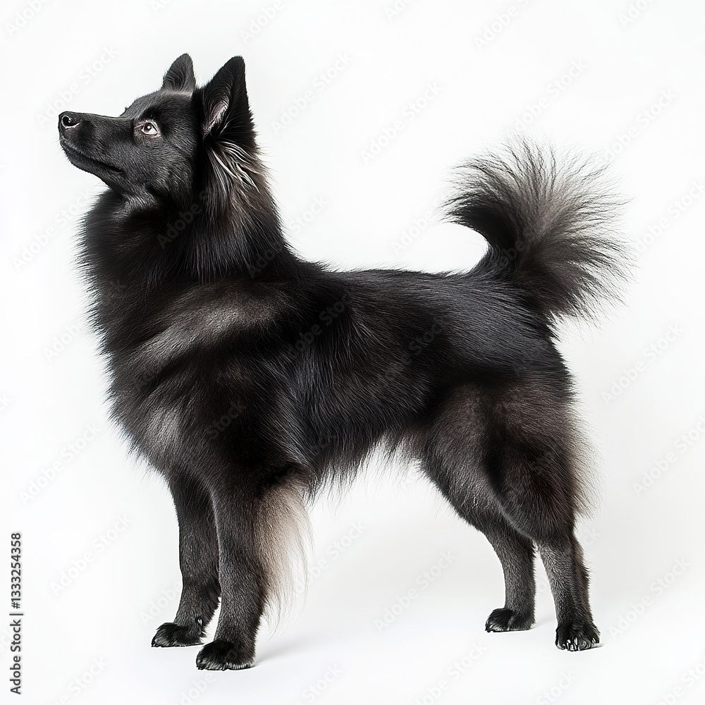 Obraz premium A bold Swedish Lapphund standing with perked ears, its dense black fur highlighted by bright studio lighting, full-body portrait, white backdrop. 