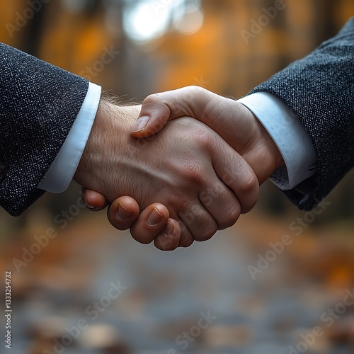 Shake hands outdoors, fall trees blurred background