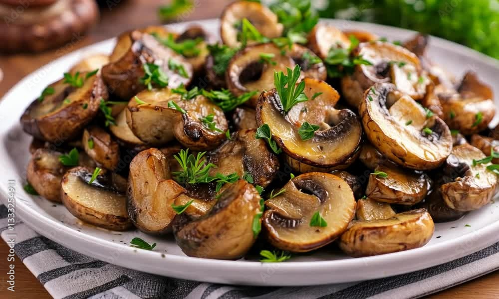 A close-up view of saut?ed mushrooms garnished with fresh parsley on a white plate, surrounded by herbs