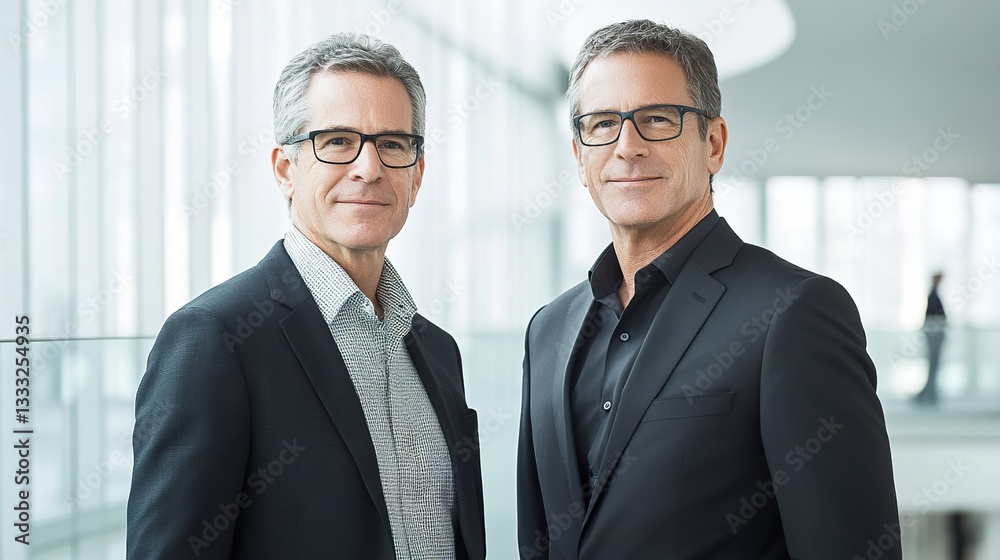 Two professionals in formal attire, exuding confidence and professionalism in a modern business setting. Two professionals in formal attire, exuding confidence and professionalism in a modern business setting.