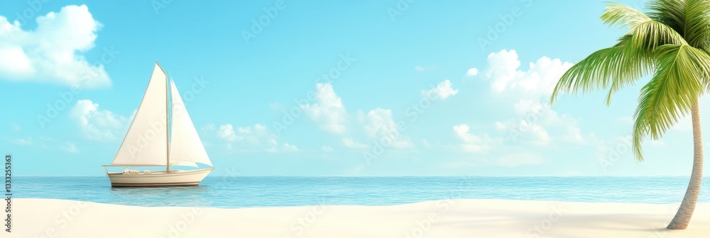 Obraz premium A sailboat floats on water beside a palm tree, creating a serene coastal scene.