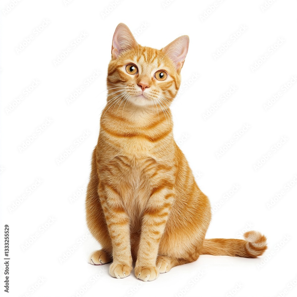 Fototapeta premium A charming orange tabby cat sitting with perked ears, warm diffused lighting enhancing its vibrant coat, full-body shot, clean white background.