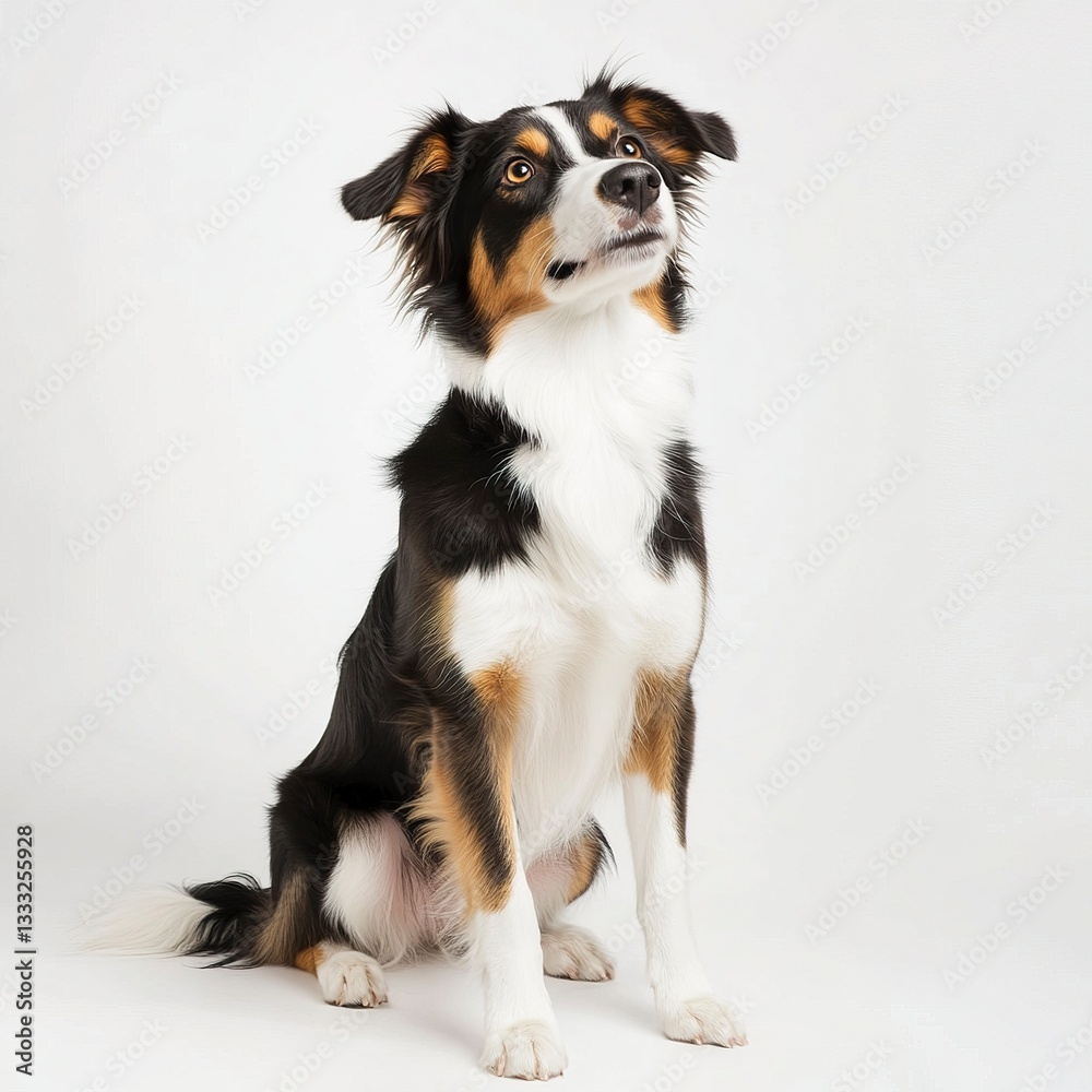 Fototapeta premium A charming young Australian Shepherd sitting neatly, its thick coat well-defined under bright studio lighting, expressive eyes looking upward, white backdrop