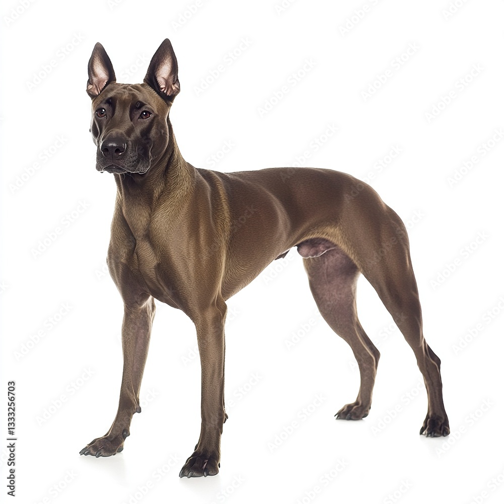 A confident Thai Ridgeback standing with a strong stance, its sleek coat and defined muscles highlighted under even lighting, full-body portrait, white background A confident Thai Ridgeback standing with a strong stance, its sleek coat and defined muscles highlighted under even lighting, full-body portrait, white background