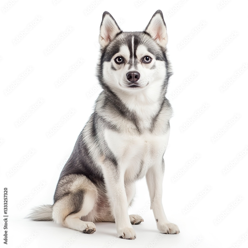 A curious Klee Kai sitting attentively, its bright eyes and thick coat well-lit under soft even lighting, full-body shot, clean white background A curious Klee Kai sitting attentively, its bright eyes and thick coat well-lit under soft even lighting, full-body shot, clean white background