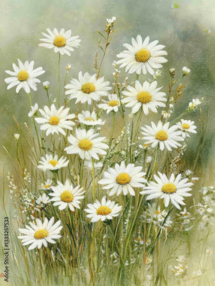Fototapeta premium A field of bright daisies blooming amidst lush green grass.