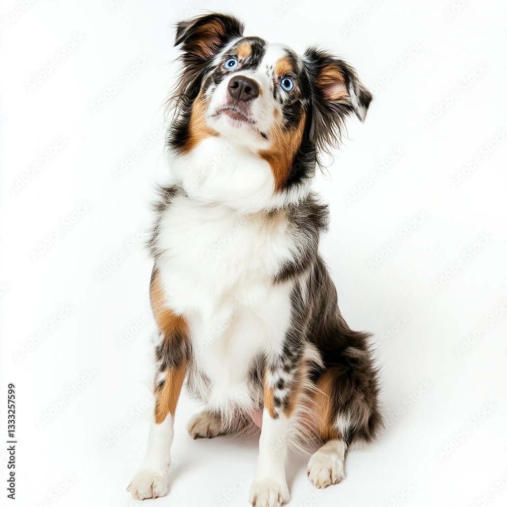 Fototapeta premium A cute Aussie sitting gracefully, vibrant blue eyes and thick tricolor fur enhanced by diffused lighting, frontal portrait, looking upward, white background.