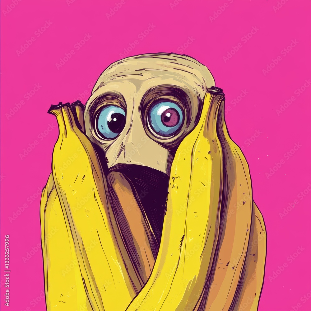 Fototapeta premium A cartoon man in a gas mask hides behind a bunch of bananas.