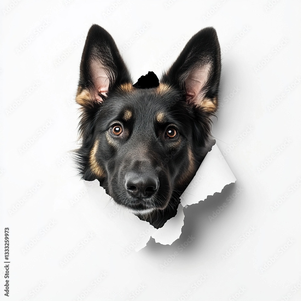 A DOG looking camera in white paper side torn hole isolated A DOG looking camera in white paper side torn hole isolated