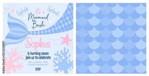 Birthday party invitation card with cute mermaid tail illustration. Template Birthday party invitation with time and place. Fish scale horizontal pattern in blue colors