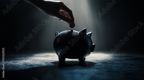 Businessman putting a coin in piggy bank on black background, closeup, business,money, golden