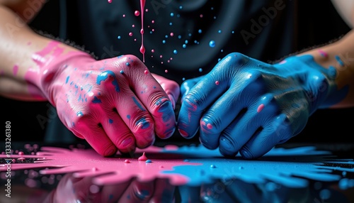 Pink Blue Painted Hands Working on Abstract Canvas for Art Education and Creative Blogs photo