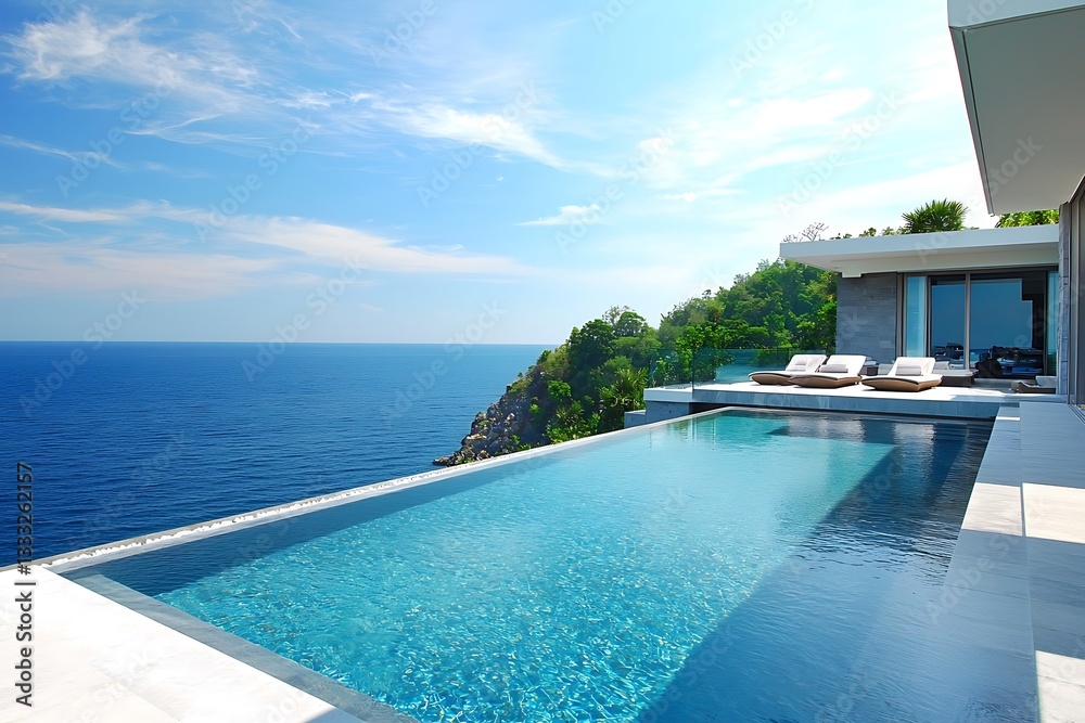 Fototapeta premium Luxurious villa with floor-to-ceiling windows offering breathtaking ocean views