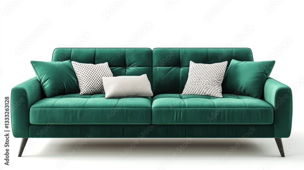 Fototapeta premium Teal Velvet Sofa with Cushions in White Room