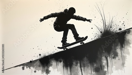 Skateboarder silhouette on ramp with ink splashes for extreme sports websites and urban artwork photo