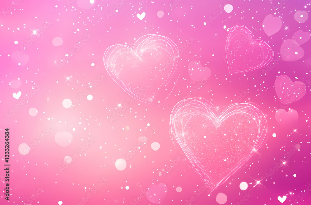 Pink background with three hearts and stars Pink background with three hearts and stars