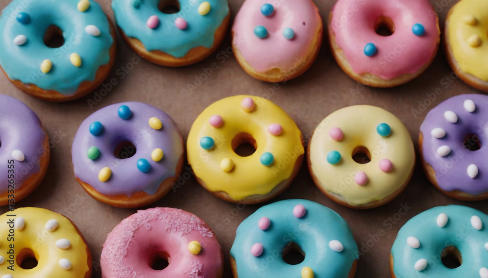 batch of easter theme donuts decorated with pastel candy eggs batch of easter theme donuts decorated with pastel candy eggs