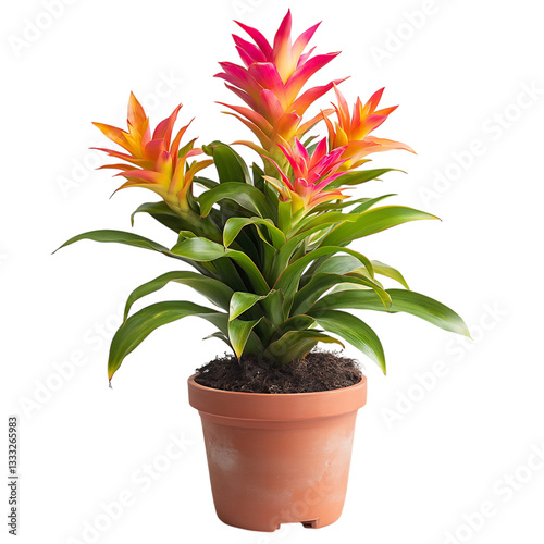 A Potted Bromeliad Plant with Colorful Red Pink or O Isolated on Transparent Background