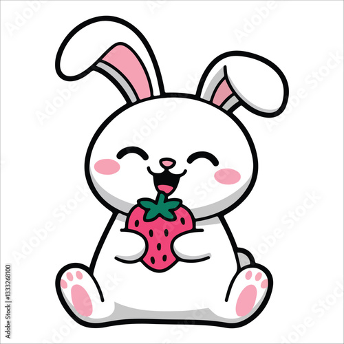 A cartoon rabbit strawberry character vector, Cute cartoon rabbit sitting happily with strawberry vector design element