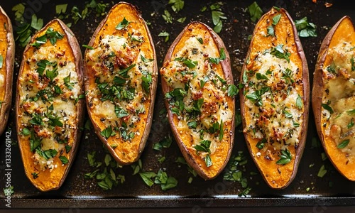 Baked sweet potatoes stuffed with cheese and herbs, garnished with fresh parsley on a baking tray