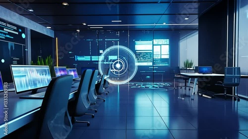 Futuristic office space with advanced technology interface and data visualization