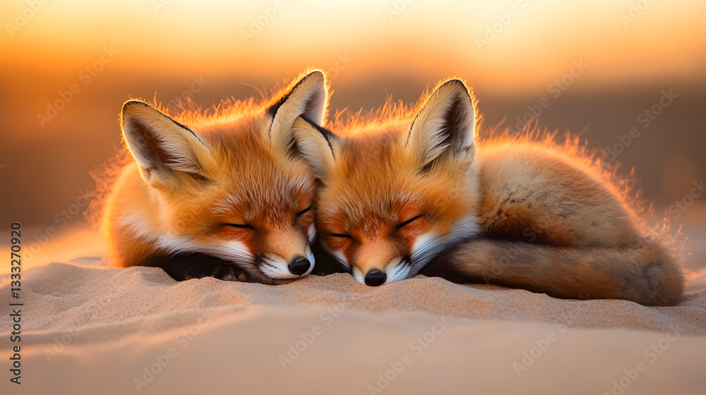 Obraz premium Two Sleeping Foxes Snuggled Together in Warm Desert Sand at Sunset