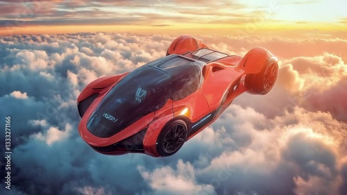 The red flying car soared through the sky, leaving a trail of excitement in its wake.