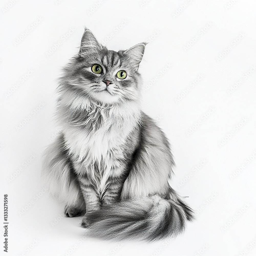 Fluffy gray cat sitting attentively with bright green eyes Fluffy gray cat sitting attentively with bright green eyes