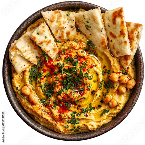 A Bowl of Lebanese Hummus Garnished with Olive Oil P Isolated on Transparent Background