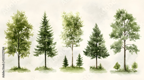Various Types of Green Trees with Natural Textures and Shapes