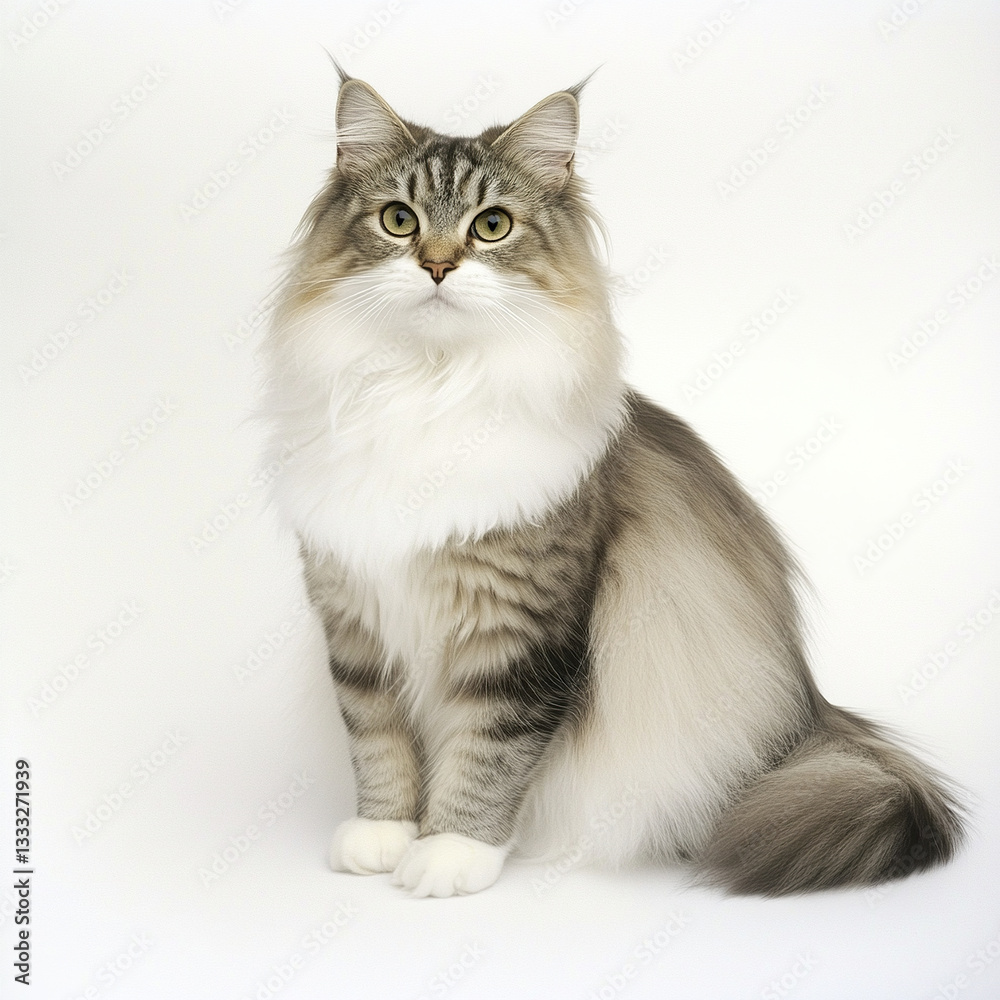 Fluffy Ragamuffin cat sitting gracefully on white background Fluffy Ragamuffin cat sitting gracefully on white background
