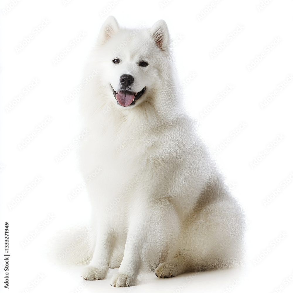 Fluffy Samoyed dog sitting with friendly expression Fluffy Samoyed dog sitting with friendly expression