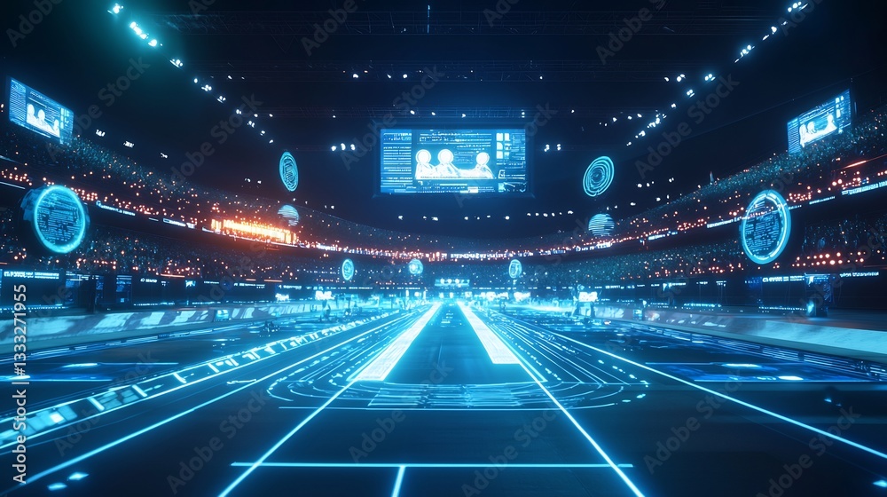 Futuristic Olympic event where AI judges analyze athletes performance with precision Futuristic Olympic event where AI judges analyze athletes performance with precision
