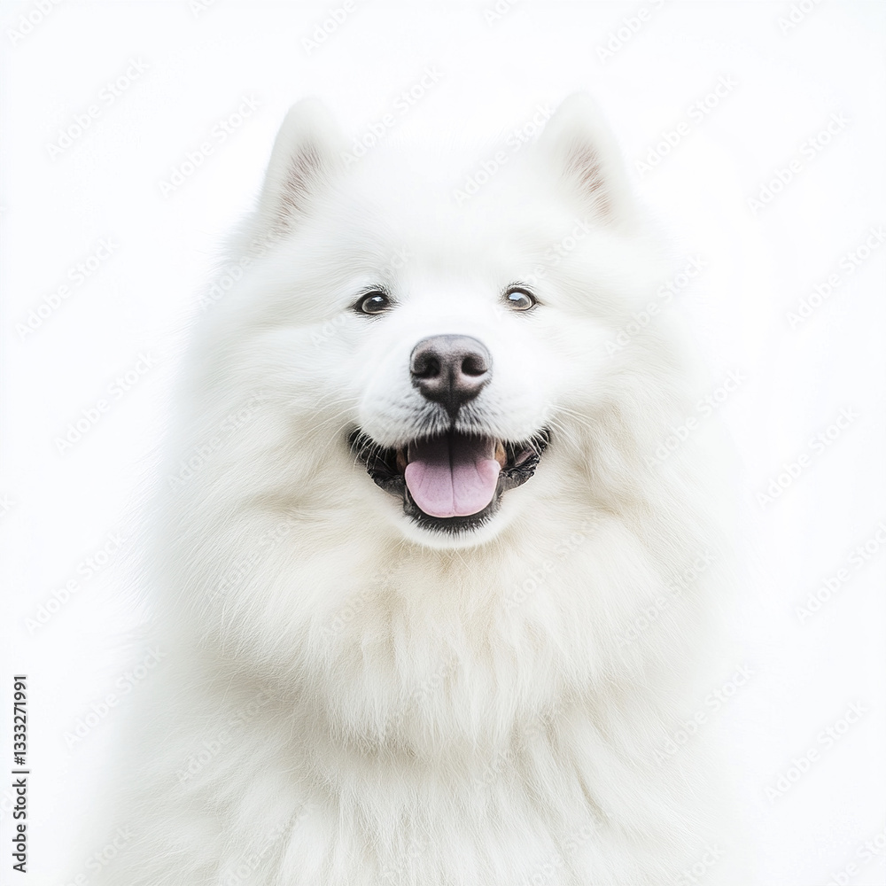 Fluffy Samoyed dog with thick white fur smiling joyfully Fluffy Samoyed dog with thick white fur smiling joyfully