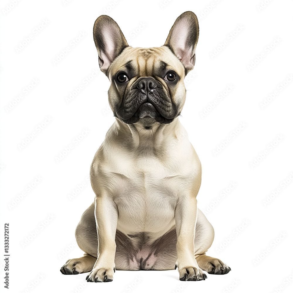 Fototapeta premium French bulldog sitting with perked ears on white background