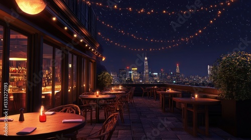 Wallpaper Mural Romantic rooftop restaurant ambiance with city views under starry night sky Torontodigital.ca