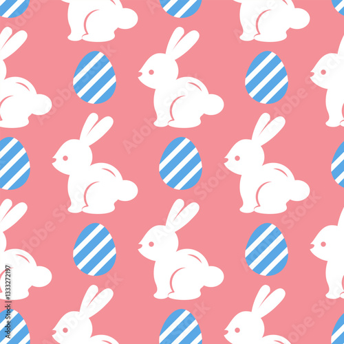 Easter seamless pattern with white rabbits and blue eggs on a pale pink background. Pastel pattern with lovely Easter bunnies. Cute background for Easter greeting cards, baby textiles, wallpapers