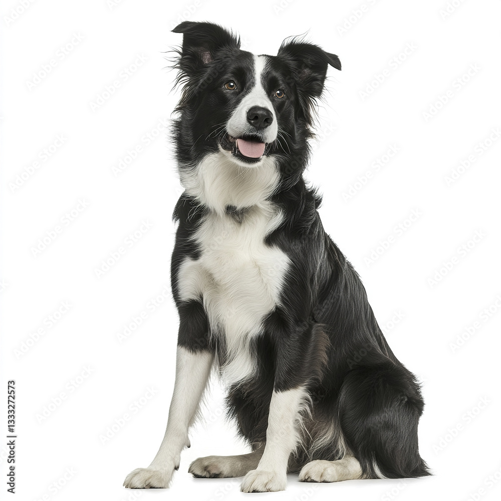 Fototapeta premium Border Collie sitting on white background, looking happy