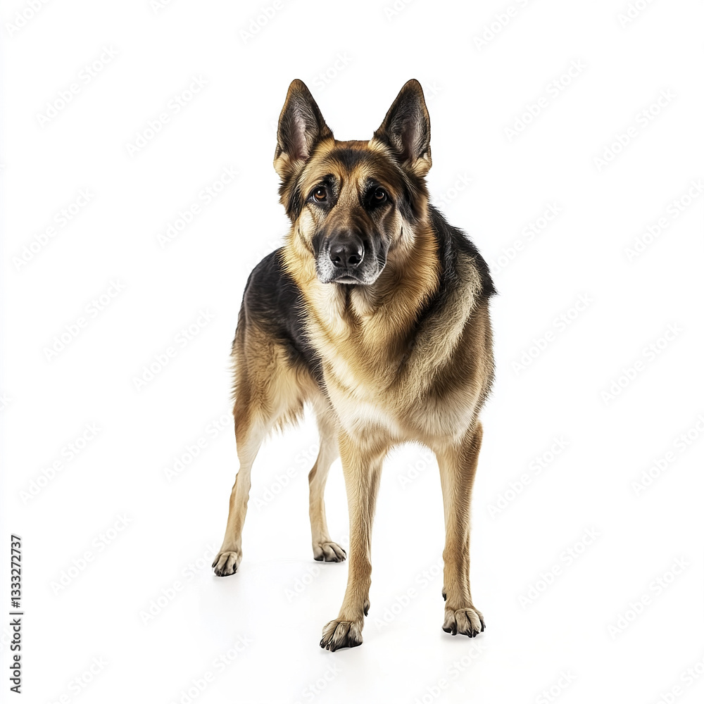 German shepherd standing with attentive expression on white background German shepherd standing with attentive expression on white background