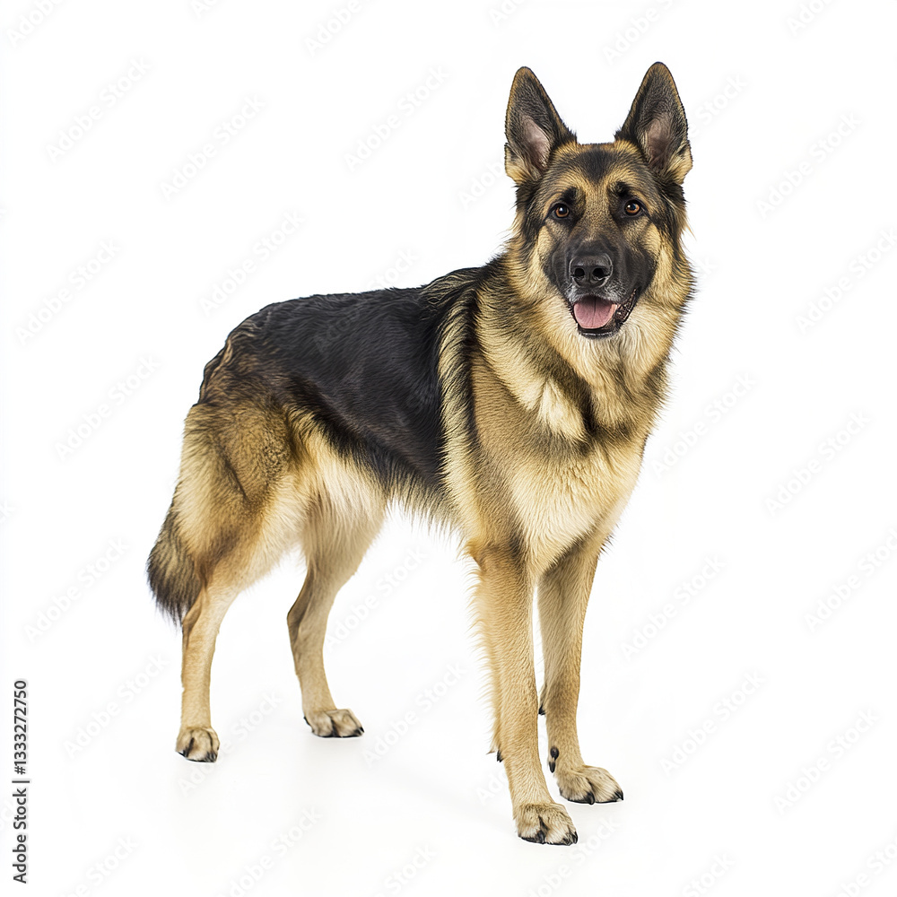 German shepherd standing with attentive expression on white background German shepherd standing with attentive expression on white background