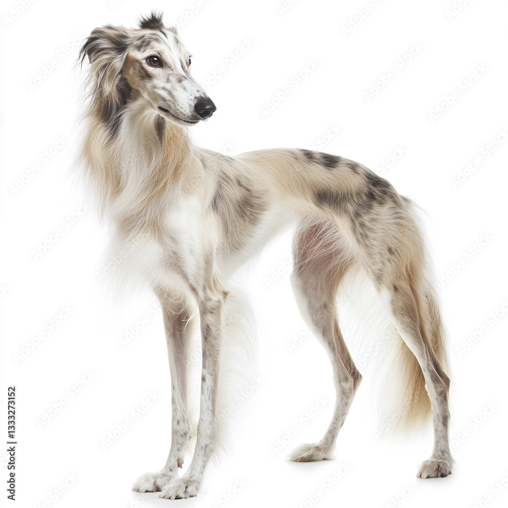 Fototapeta premium Elegant Silken Windhound standing gracefully on white background