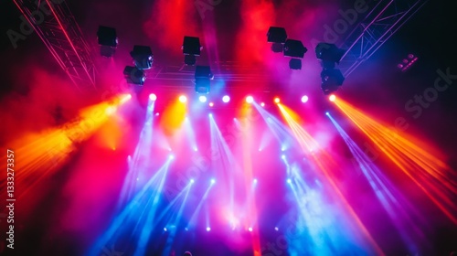 Dynamic stage light display concert venue gigapixel art nighttime audience perspective colorful visual extravaganza